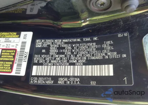 2010 Toyota Tundra Grade 5.7L V8 from USA, damaged, VIN 5TFUW5F17AX150208